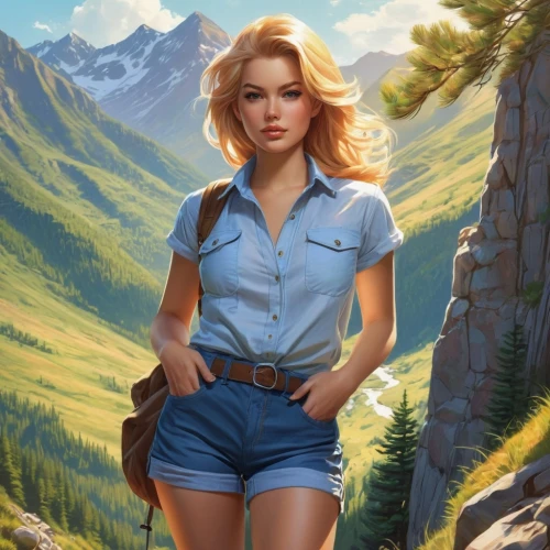 heidi country,mountain guide,park ranger,mountain scene,the spirit of the mountains,hiker,countrygirl,the blonde in the river,sci fiction illustration,retro girl,world digital painting,landscape background,retro woman,mountain hiking,mountain boots,portrait background,game illustration,fantasy portrait,rosa ' amber cover,mountain climber,Conceptual Art,Fantasy,Fantasy 03