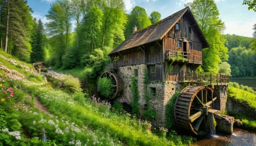 water mill,house in the forest,wooden house,wooden bridge,house with lake,home landscape,summer cottage,house in mountains,fisherman's house,old mill,beautiful home,water wheel,germany forest,log home,dutch mill,country cottage,green landscape,wooden houses,house in the mountains,traditional house,Photography,General,Natural