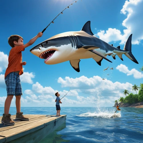 big-game fishing,surf fishing,recreational fishing,fishing lure,fishing rod,go fishing,casting (fishing),to fish,fishing,types of fishing,fishing classes,requiem shark,fishing float,jaws,bull shark,thunnus,great white shark,photoshop manipulation,fishing bait,shark,Photography,General,Realistic