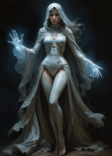 sorceress,white lady,the enchantress,priestess,the snow queen,suit of the snow maiden,white rose snow queen,fantasy woman,white silk,vampire woman,dead bride,the angel with the veronica veil,ice queen,goddess of justice,baroque angel,vampire lady,white figures,ghost girl,angel figure,blue enchantress,Conceptual Art,Fantasy,Fantasy 13