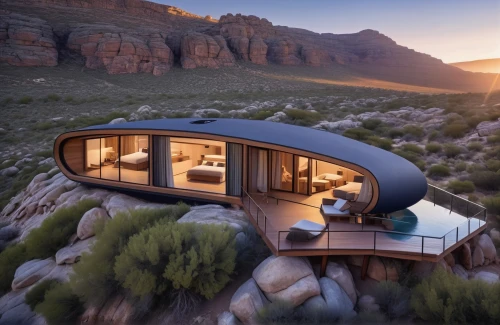 dunes house,futuristic architecture,cubic house,mobile home,teardrop camper,the cabin in the mountains,house in the mountains,floating huts,holiday home,house in mountains,modern architecture,luxury real estate,futuristic landscape,luxury property,big bend,eco hotel,eco-construction,inverted cottage,beautiful home,roof tent