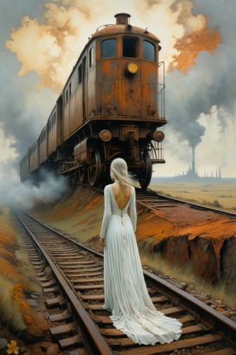 train of thought,ghost locomotive,the girl at the station,oil painting on canvas,the train,wedding dress train,last train,locomotive,oil painting,locomotion,ghost train,long-distance train,train,still transience of life,through-freight train,railroad,train crash,frozen tears on railway,dead bride,art painting,Conceptual Art,Oil color,Oil Color 05