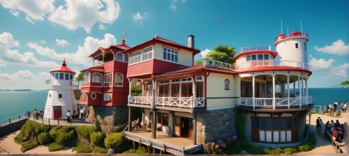 popeye village,seaside resort,house of the sea,fairy tale castle,red lighthouse,3d rendering,3d render,model house,render,3d fantasy,building sets,studio ghibli,dragon palace hotel,3d rendered,miniature house,crane houses,lighthouse,house by the water,treasure house,lifeguard tower