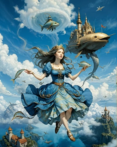 sea fantasy,the sea maid,fantasy picture,fantasy art,the wind from the sea,airships,airship,fairies aloft,girl with a dolphin,waterglobe,blue enchantress,alice,galleon,seafaring,sea swallow,seafarer,birds of the sea,sci fiction illustration,sea sailing ship,fantasy world