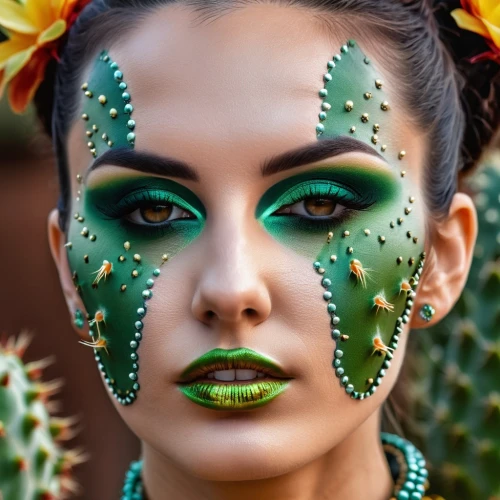 cacti,cactus,tropical greens,fairy peacock,peacock eye,succulents,green wreath,crocodile woman,face paint,peacock,aloe,prickly flower,aloe vera,green skin,desert flower,la catrina,agave,la calavera catrina,venetian mask,polynesian,Photography,General,Realistic