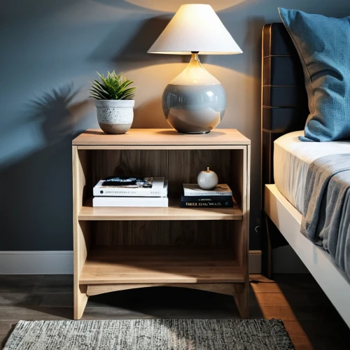 wooden shelf,nightstand,bedside table,danish furniture,chest of drawers,end table,bedside lamp,wooden desk,baby changing chest of drawers,table lamp,bookcase,bed frame,storage cabinet,writing desk,guestroom,dresser,scandinavian style,modern decor,contemporary decor,bookshelf,Photography,General,Realistic