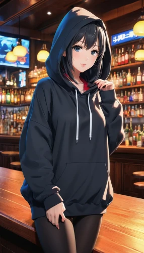 barmaid,bar,shosenkyo drunk,izakaya,hoodie,pub,female alcoholism,have a drink,beer,drinking establishment,bartender,unique bar,irish pub,alcoholic,sweatshirt,drinking,drinks,cold drink,anime 3d,liquor bar