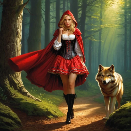 red riding hood,little red riding hood,red coat,red cape,red skirt,queen of hearts,fantasy picture,lady in red,red tunic,man in red dress,fairy tale character,red shoes,fantasy art,girl with dog,fantasy woman,scarlet witch,red wolf,fairy tales,girl in red dress,fairytale characters,Conceptual Art,Fantasy,Fantasy 28