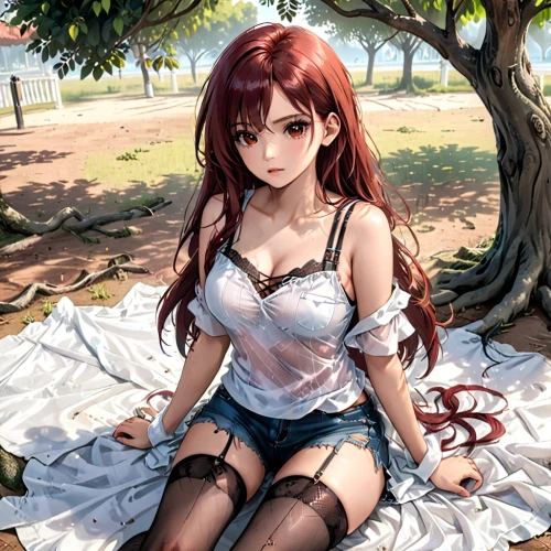 red-haired,mikuru asahina,girl sitting,summer clothing,playing outdoors,redhair,torii,rusalka,summer background,maki,tied up,girl lying on the grass,red bench,elza,sitting,lechona,red hair,red tablecloth,honolulu,nami,Anime,Anime,General