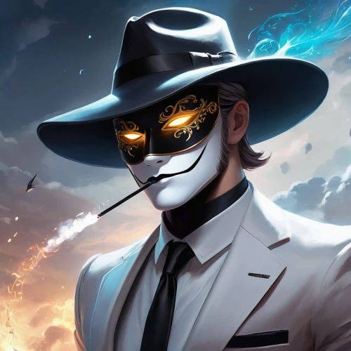 spy visual,spy,masked man,rorschach,male mask killer,guy fawkes,secret agent,masquerade,twitch icon,spy-glass,smooth criminal,with the mask,fedora,black hat,mafia,agent 13,bandit theft,shen,vendetta,anonymous mask,Illustration,Realistic Fantasy,Realistic Fantasy 01