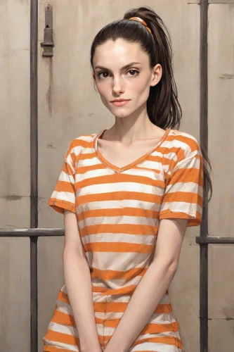 striped background,horizontal stripes,prisoner,burglary,orange,mime,realdoll,portrait background,prison,mime artist,stripes,clementine,striped,theft,portrait of a girl,scared woman,chainlink,female model,the girl's face,lori,Digital Art,Comic