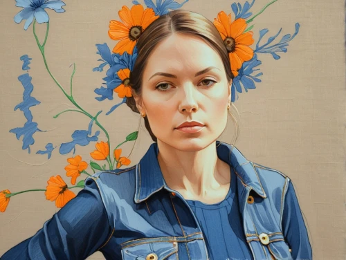 girl in flowers,policewoman,flower painting,oil painting on canvas,oil painting,cloves schwindl inge,blue painting,portrait of a girl,oil on canvas,blue flowers,artist portrait,photo painting,woman portrait,portrait of a woman,art painting,blue daisies,meticulous painting,kahila garland-lily,blue flower,girl portrait,Conceptual Art,Daily,Daily 02
