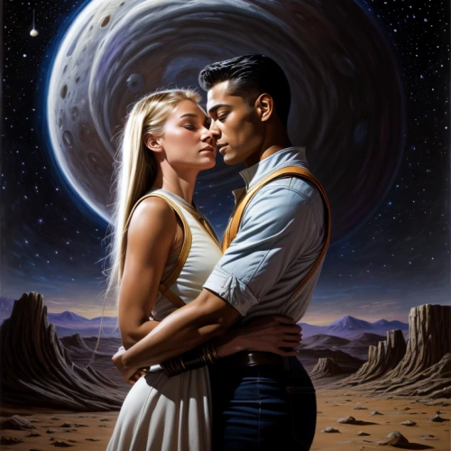 romantic portrait,the moon and the stars,sci fiction illustration,celestial bodies,romance novel,herfstanemoon,moon valley,space art,moon and star,cg artwork,honeymoon,andromeda,star ship,valley of the moon,shepherd romance,astronomers,the stars,stars and moon,young couple,fantasy picture