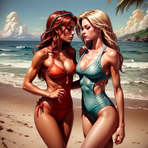 beach goers,beach background,sci fiction illustration,pin-up girls,world digital painting,summer icons,fantasy art,two girls,retro pin up girls,fantasy picture,pin up girls,game illustration,the beach fixing,beach sports,lover's beach,fitness and figure competition,mermaids,beach scenery,beach walk,workout icons
