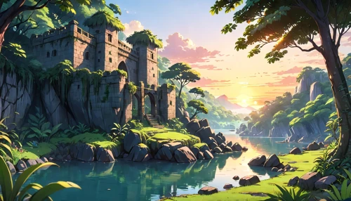 fantasy landscape,landscape background,jungle,rainforest,tropical jungle,an island far away landscape,forest landscape,high landscape,ravine,ancient city,scenery,river landscape,karst landscape,tropical island,nature landscape,backgrounds,background with stones,isle,bird kingdom,druid grove,Anime,Anime,Traditional