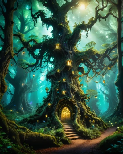 enchanted forest,elven forest,fairy forest,druid grove,fairytale forest,magic tree,celtic tree,fantasy picture,forest tree,cartoon video game background,tree house,fantasy landscape,haunted forest,forest path,fairy village,forest of dreams,tree of life,holy forest,devilwood,fairy door,Illustration,Realistic Fantasy,Realistic Fantasy 02