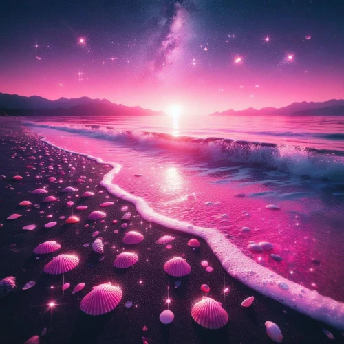pink beach,fairy galaxy,pink dawn,purple landscape,starfishes,colorful stars,ocean,jellyfishes,alien world,alien planet,dark beach,jellyfish,purple and pink,beautiful beach,dream beach,purple wallpaper,pink-purple,sea,seashore,coral pink sand dunes