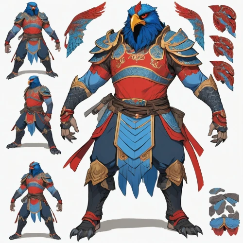 garuda,blue and gold macaw,knight armor,iron mask hero,concept art,wind warrior,paysandisia archon,fantasy warrior,sky hawk claw,male character,male mask killer,blue macaw,mongolian,patung garuda,goki,armor,vax figure,haegen,alien warrior,samurai fighter,Unique,Design,Character Design