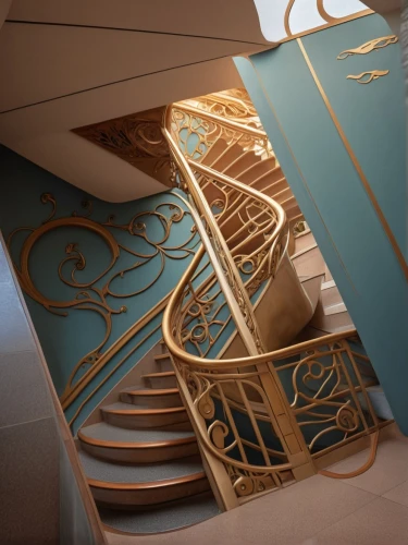 winding staircase,art nouveau design,circular staircase,staircase,spiral staircase,outside staircase,wooden stair railing,stairwell,art nouveau,wooden stairs,spiral stairs,art deco,stairs,stair,winding steps,stairway,3d rendering,steel stairs,stone stairs,banister,Photography,General,Realistic