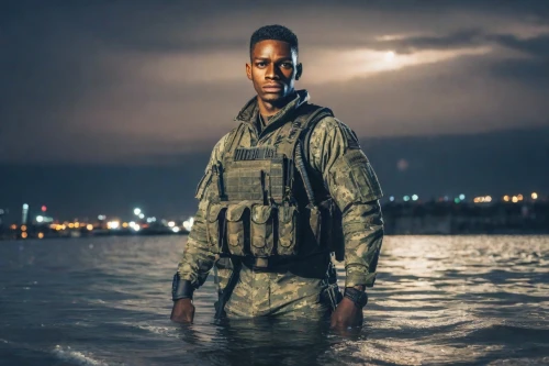 the man in the water,military person,airman,marine,parka,usmc,novelist,sea man,soldier,national parka,man at the sea,dry suit,brown sailor,refugee,military,rifleman,lost in war,khaki,water police,martial,Photography,Realistic