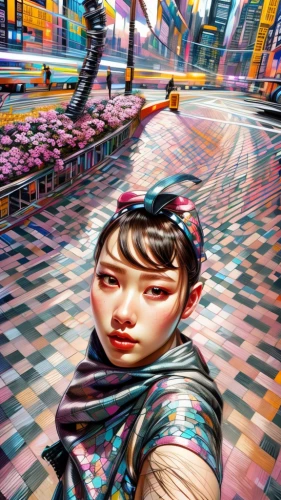 cyberpunk,world digital painting,the girl at the station,artistic roller skating,sci fiction illustration,kowloon,asian vision,pedestrian,oriental girl,girl with a wheel,chinese art,cyberspace,moving walkway,girl walking away,colorful city,taipei,digital painting,asian woman,shanghai,woman walking