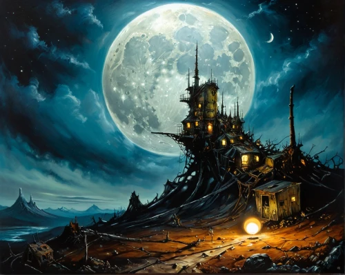witch's house,witch house,fantasy picture,lunar landscape,castle of the corvin,herfstanemoon,fantasy art,heroic fantasy,ghost castle,phase of the moon,haunted castle,maelstrom,helloween,sea fantasy,fantasy landscape,moonscape,ruined castle,moon phase,knight's castle,ghost ship,Illustration,Realistic Fantasy,Realistic Fantasy 34
