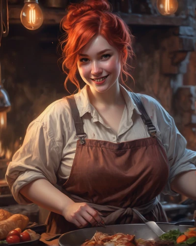 girl in the kitchen,dwarf cookin,chef,food and cooking,cooking book cover,red cooking,woman holding pie,barista,girl with bread-and-butter,waitress,gastronomy,knife kitchen,massively multiplayer online role-playing game,men chef,chef's uniform,portrait background,cinnamon girl,merchant,recipes,copper rich food,Conceptual Art,Fantasy,Fantasy 01