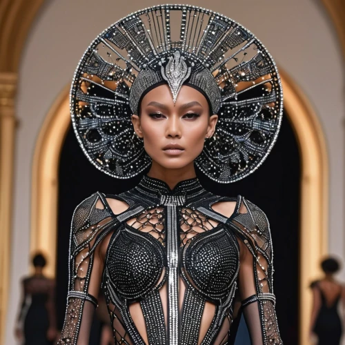 asian costume,asian vision,haute couture,headpiece,headdress,asian conical hat,jewelry（architecture）,versace,futuristic,embellished,warrior woman,macrame,the hat of the woman,cleopatra,wearables,breastplate,black models,dress form,queen crown,openwork,Photography,General,Realistic
