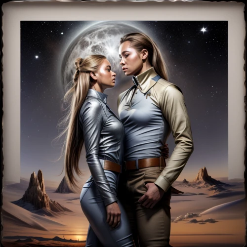 star ship,sci fiction illustration,cg artwork,fantasy picture,romantic portrait,celestial bodies,callisto,fantasy art,fantasy portrait,gemini,custom portrait,shepherd romance,pathfinders,guards of the canyon,zodiac sign gemini,amorous,moon and star,the moon and the stars,mission to mars,heroic fantasy