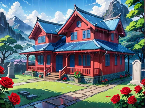 studio ghibli,red roof,red barn,summer cottage,wooden house,lonely house,little house,witch's house,beautiful home,ancient house,cottage,victorian house,dandelion hall,country house,house in the mountains,traditional house,house painting,small house,private house,home landscape,Anime,Anime,Realistic