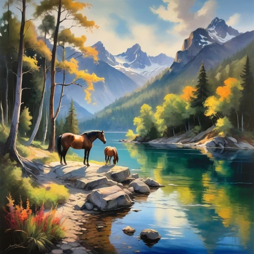 mountain scene,painted horse,oil painting on canvas,painting technique,oil painting,landscape background,nature landscape,river landscape,oil on canvas,autumn landscape,art painting,mountain landscape,horses,elk,autumn mountains,salt meadow landscape,two-horses,fall landscape,landscape nature,wild horses,Photography,Artistic Photography,Artistic Photography 02