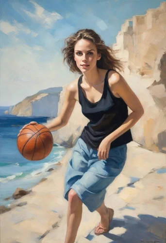 woman's basketball,beach basketball,basketball player,woman playing,oil painting,outdoor basketball,girl with a wheel,women's basketball,basketball,girl portrait,beach sports,oil on canvas,oil painting on canvas,girl on the dune,young woman,petra tou romiou,girl sitting,basket maker,girl with bread-and-butter,sports girl,Digital Art,Impressionism