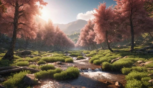 salt meadow landscape,elven forest,fantasy landscape,forest landscape,virtual landscape,mountain stream,fairy forest,forest glade,coniferous forest,landscape background,riparian forest,fairytale forest,nature landscape,forest background,fir forest,spruce forest,valley,forests,forest of dreams,forest path,Photography,General,Realistic