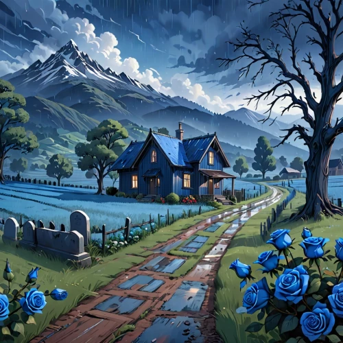 home landscape,old graveyard,lonely house,graveyard,witch's house,graves,cottage,church painting,rural landscape,tombstones,cemetary,salt meadow landscape,train cemetery,fantasy landscape,summer cottage,resting place,cemetery,country cottage,landscape background,blue painting,Anime,Anime,General