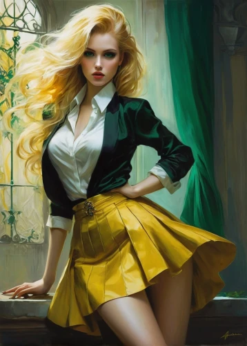 school skirt,yellow rose background,yellow rose,blonde woman,blond girl,gold yellow rose,blonde girl,pin-up girl,retro pin up girl,pin up girl,yellow petal,transistor,yellow purse,yellow and black,yellow,overskirt,pinup girl,the blonde in the river,retro pin up girls,yellow color,Illustration,Realistic Fantasy,Realistic Fantasy 16