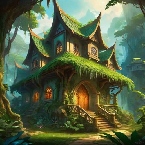 house in the forest,witch's house,ancient house,fairy house,little house,tree house,druid grove,crooked house,small house,wooden house,traditional house,fairy village,lonely house,witch house,treehouse,home landscape,fantasy landscape,beautiful home,dandelion hall,house in mountains,Illustration,Realistic Fantasy,Realistic Fantasy 01