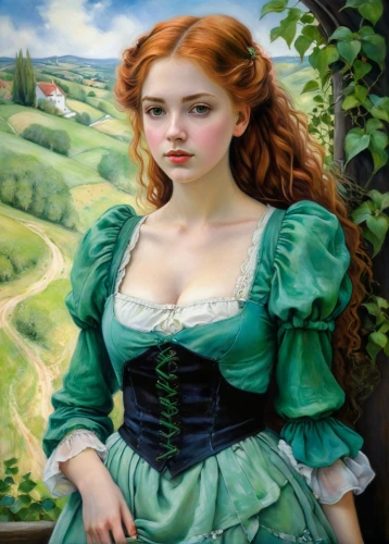 girl in the garden,young woman,green landscape,portrait of a girl,romantic portrait,girl in a long dress,girl on the river,girl picking apples,girl with cloth,young lady,fantasy portrait,oil painting,oil painting on canvas,victorian lady,green background,girl in a historic way,girl with tree,girl lying on the grass,girl in cloth,portrait of a woman,Illustration,Realistic Fantasy,Realistic Fantasy 30