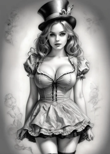 victorian lady,corset,valentine pin up,pinup girl,ringmaster,pin ups,hatter,retro pin up girl,gothic woman,alice in wonderland,steampunk,pin-up girl,alice,hourglass,pin up girl,victorian style,valentine day's pin up,vintage girl,vintage woman,crinoline,Illustration,Black and White,Black and White 30