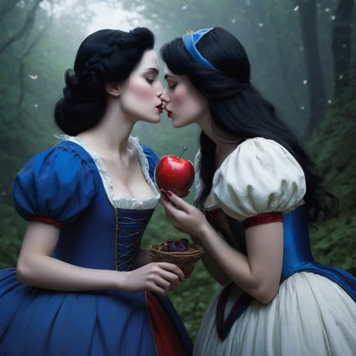a fairy tale,girl kiss,fairy tales,fairy tale,snow white,forbidden love,two hearts,queen of hearts,fairytales,apple pair,amorous,fairytale characters,heart with crown,red and blue,fantasy picture,romantic portrait,fairytale,courtship,princesses,first kiss,Conceptual Art,Fantasy,Fantasy 11