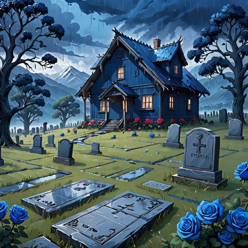 graveyard,old graveyard,tombstones,life after death,funeral,burial ground,graves,resting place,gravestones,cemetery,cemetary,haunted house,lonely house,the haunted house,witch's house,afterlife,hathseput mortuary,grave stones,halloween illustration,necropolis,Anime,Anime,General