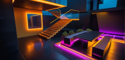 stairwell,staircase,stairs,3d render,stairway,winding staircase,hallway space,isometric,outside staircase,ambient lights,steel stairs,stair,cubic house,spiral staircase,nightclub,wooden stairs,neon light,interior modern design,neon arrows,3d rendering,Photography,General,Sci-Fi