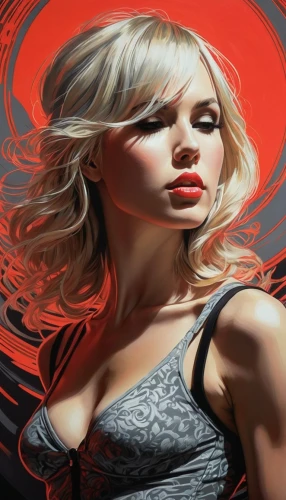 blonde woman,world digital painting,painting technique,art painting,femme fatale,adobe illustrator,blonde girl,rosa ' amber cover,the blonde in the river,on a red background,photo painting,red background,marylyn monroe - female,harley,sci fiction illustration,effect pop art,cool pop art,red paint,high-wire artist,meticulous painting,Illustration,Black and White,Black and White 21