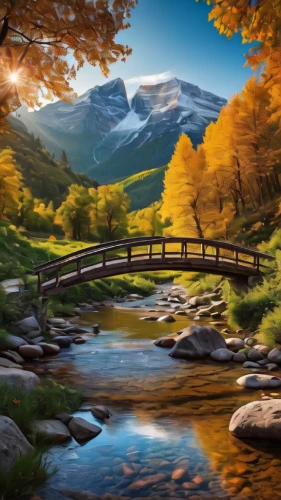 wooden bridge,autumn mountains,autumn landscape,fall landscape,scenic bridge,landscape background,autumn scenery,mountain landscape,beautiful landscape,nature landscape,autumn background,mountain stream,mountain scene,autumn idyll,mountain spring,landscapes beautiful,landscape nature,natural scenery,log bridge,river landscape,Photography,General,Natural