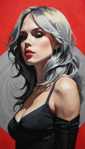 blonde woman,femme fatale,cruella,art painting,on a red background,painting technique,oil painting on canvas,cruella de ville,harley,painting work,black widow,vampire woman,portrait background,a200,digital painting,oil painting,black rose hip,maraschino,fashion illustration,red background,Illustration,Black and White,Black and White 12