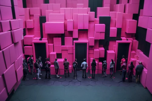 pink squares,cubes,color wall,mirror house,matrix,anechoic,maze,3d,magenta,pink paper,boxes,cube surface,cube love,kinetic art,hall of the fallen,man in pink,pink family,cube,cube sea,storage