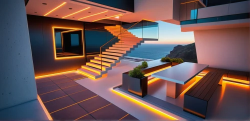 block balcony,stairs,3d render,ambient lights,stairwell,isometric,3d rendering,render,staircase,cubic house,visual effect lighting,3d rendered,sky apartment,outside staircase,hallway space,winding staircase,an apartment,modern house,fractal lights,light effects,Photography,General,Sci-Fi