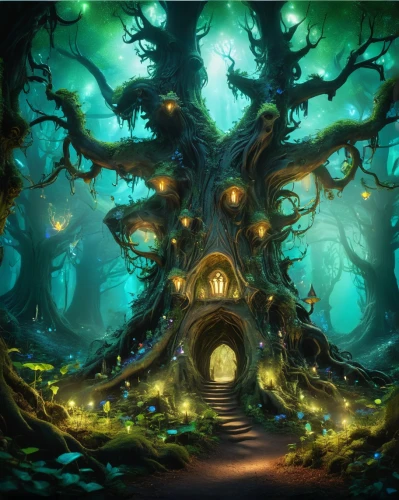 druid grove,haunted forest,elven forest,fairy forest,magic tree,enchanted forest,witch's house,holy forest,forest tree,celtic tree,fairy village,fairytale forest,the roots of trees,fantasy picture,tree house,the forest,tree of life,mushroom landscape,fairy house,oak,Illustration,Realistic Fantasy,Realistic Fantasy 02