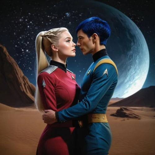andromeda,trek,star ship,couple goal,olallieberry,the moon and the stars,cosplay image,star trek,passengers,cg artwork,moon and star,cassiopeia,pda,husband and wife,celestial bodies,vulcan,wife and husband,beautiful couple,the hands embrace,couple in love