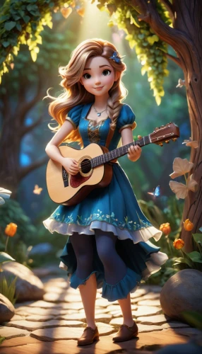 merida,serenade,rapunzel,princess anna,art bard,musician,bard,fairy tale character,tangled,country dress,folk music,playing the guitar,cinderella,violin player,playing the violin,guitar,violin woman,agnes,violinist,musical background,Unique,3D,3D Character