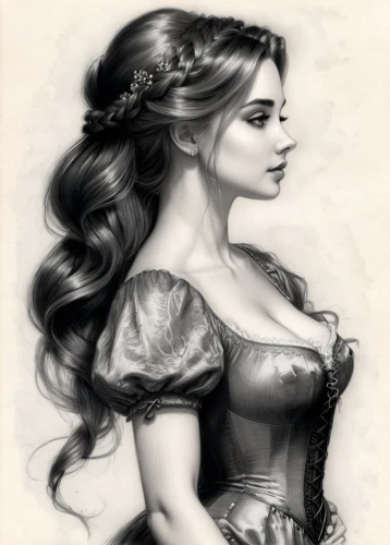 victorian lady,celtic queen,fantasy portrait,princess anna,vintage drawing,fantasy woman,rapunzel,princess sofia,lady of the night,celtic woman,pencil drawings,vintage woman,gothic woman,the sea maid,queen of hearts,fairy tale character,corset,white rose snow queen,venetia,young lady,Illustration,Black and White,Black and White 30